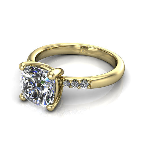 Rebecca cushion solitaire engagement ring in 14K Yellow Gold with pavé shoulder accents, three-quarter perspective view