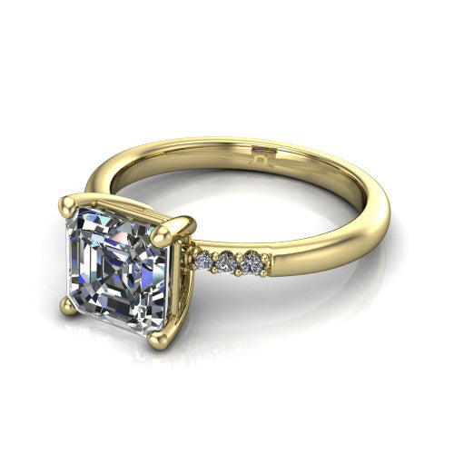 Rebecca asscher solitaire engagement ring in 14K Yellow Gold with pavé shoulder accents, three-quarter perspective view