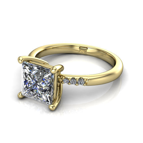 Rebecca princess solitaire engagement ring in 14K Yellow Gold with pavé shoulder accents, three-quarter perspective view