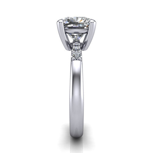 Rebecca cushion solitaire engagement ring in 18K White Gold with pavé shoulder accents, side profile showing the pavé shoulders and plain band