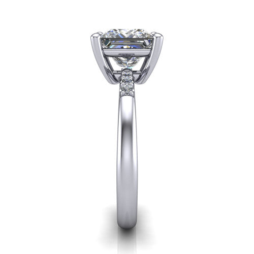 Rebecca princess solitaire engagement ring in 14K White Gold with pavé shoulder accents, side profile showing the pavé shoulders and plain band