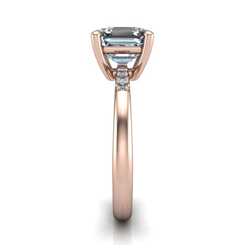 Rebecca asscher solitaire engagement ring in 14K Rose Gold with pavé shoulder accents, side profile showing the pavé shoulders and plain band