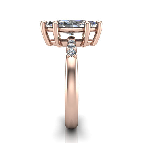 Rebecca marquise solitaire engagement ring in 18K Rose Gold with pavé shoulder accents, side profile showing the pavé shoulders and plain band