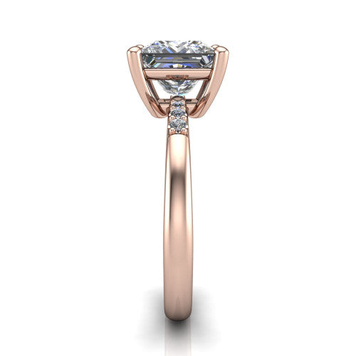 Rebecca princess solitaire engagement ring in 18K Rose Gold with pavé shoulder accents, side profile showing the pavé shoulders and plain band