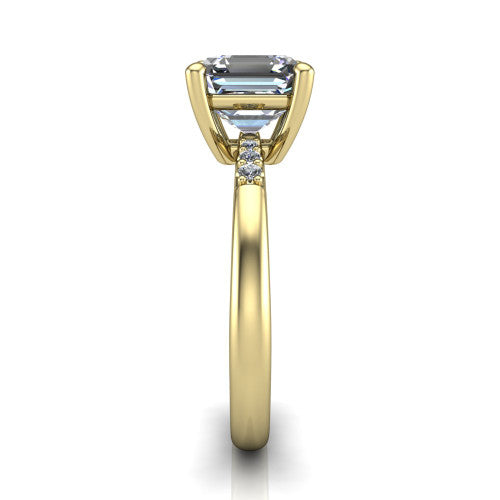Rebecca asscher solitaire engagement ring in 18K Yellow Gold with pavé shoulder accents, side profile showing the pavé shoulders and plain band