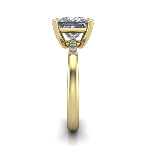 Rebecca princess solitaire engagement ring in 18K Yellow Gold with pavé shoulder accents, side profile showing the pavé shoulders and plain band