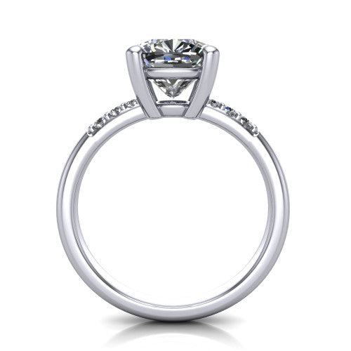 Rebecca cushion solitaire engagement ring in 18K White Gold with pavé shoulder accents, through-finger front profile