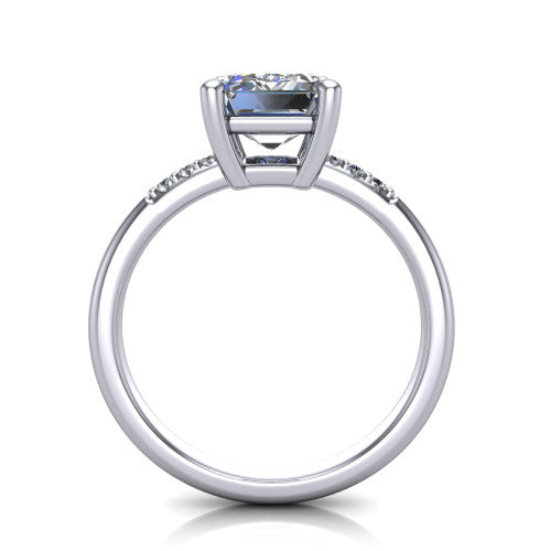 Rebecca emerald solitaire engagement ring in Platinum with pavé shoulder accents, through-finger front profile