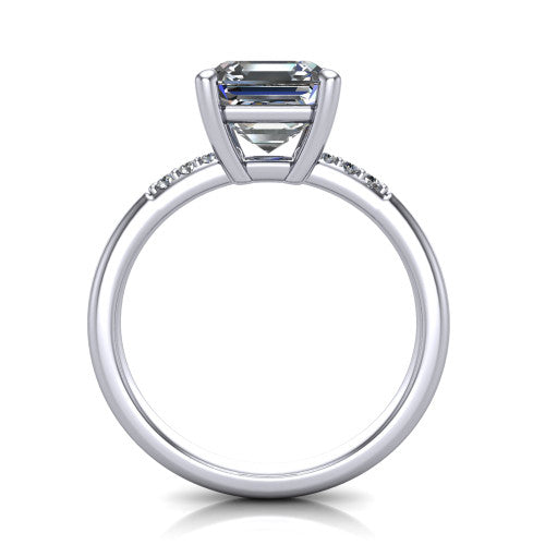 Rebecca asscher solitaire engagement ring in Platinum with pavé shoulder accents, through-finger front profile