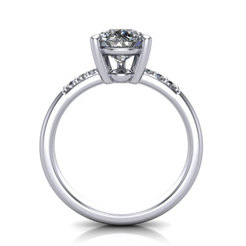 Rebecca pear solitaire engagement ring in 18K White Gold with pavé shoulder accents, through-finger front profile