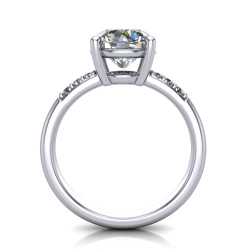 Rebecca round solitaire engagement ring in 14K White Gold with pavé shoulder accents, through-finger front profile