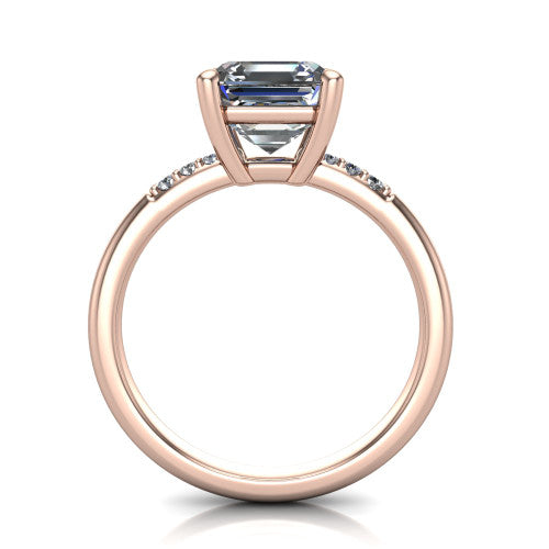 Rebecca asscher solitaire engagement ring in 14K Rose Gold with pavé shoulder accents, through-finger front profile