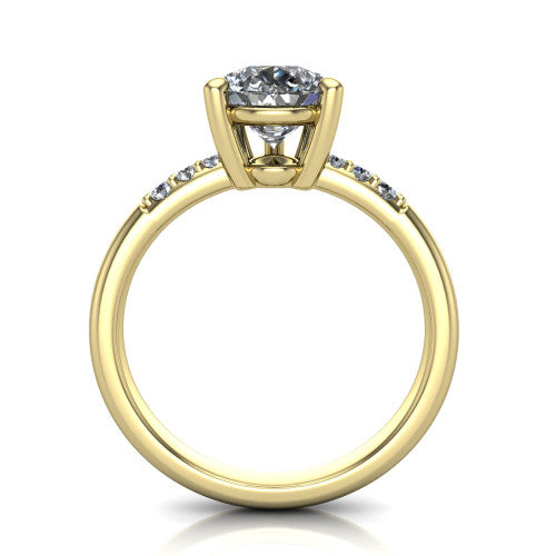 Rebecca pear solitaire engagement ring in 18K Yellow Gold with pavé shoulder accents, through-finger front profile