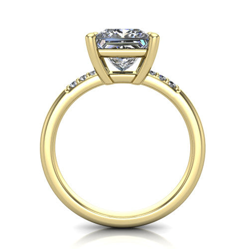 Rebecca princess solitaire engagement ring in 14K Yellow Gold with pavé shoulder accents, through-finger front profile