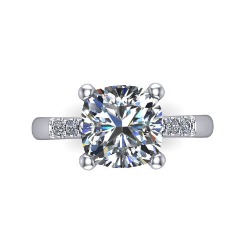 Rebecca cushion solitaire engagement ring in 14K White Gold with pavé shoulder accents, top-down view of the four-prong center and pavé shoulders