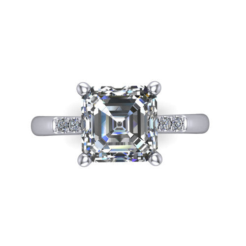 Rebecca asscher solitaire engagement ring in 18K White Gold with pavé shoulder accents, top-down view of the four-prong center and pavé shoulders