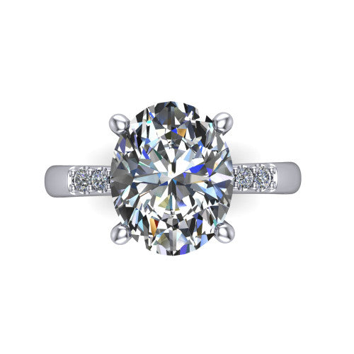 Rebecca oval solitaire engagement ring in Platinum with pavé shoulder accents, top-down view of the four-prong center and pavé shoulders