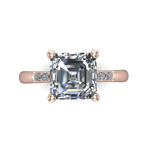 Rebecca asscher solitaire engagement ring in 14K Rose Gold with pavé shoulder accents, top-down view of the four-prong center and pavé shoulders