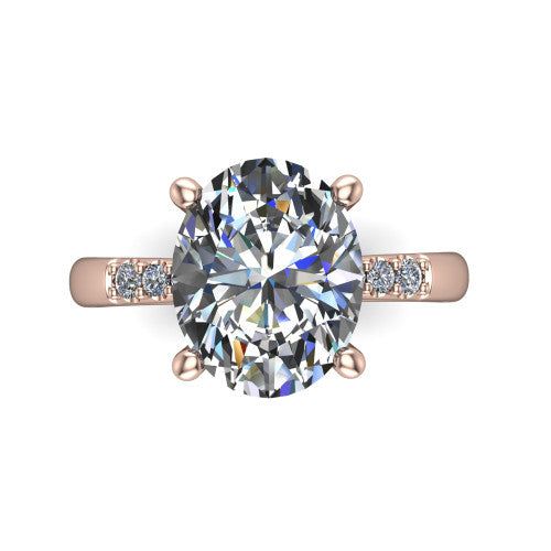 Rebecca oval solitaire engagement ring in 14K Rose Gold with pavé shoulder accents, top-down view of the four-prong center and pavé shoulders