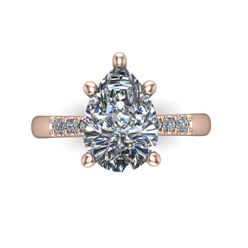 Rebecca pear solitaire engagement ring in 14K Rose Gold with pavé shoulder accents, top-down view of the four-prong center and pavé shoulders