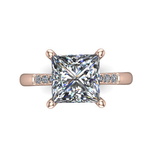 Rebecca princess solitaire engagement ring in 18K Rose Gold with pavé shoulder accents, top-down view of the four-prong center and pavé shoulders