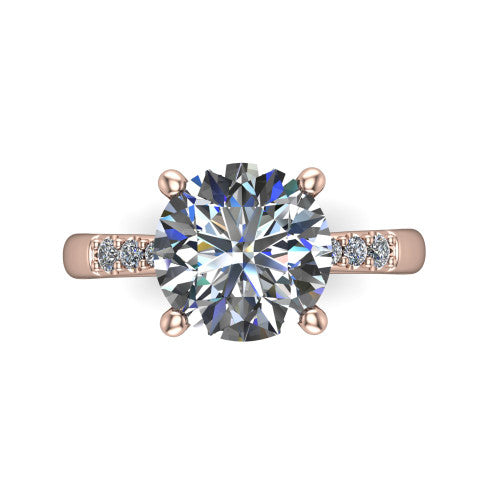 Rebecca round solitaire engagement ring in 18K Rose Gold with pavé shoulder accents, top-down view of the four-prong center and pavé shoulders