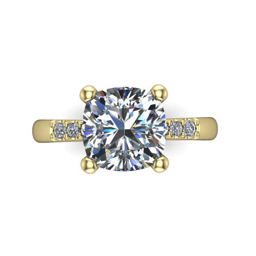 Rebecca cushion solitaire engagement ring in 14K Yellow Gold with pavé shoulder accents, top-down view of the four-prong center and pavé shoulders
