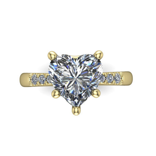 Rebecca heart solitaire engagement ring in 14K Yellow Gold with pavé shoulder accents, top-down view of the four-prong center and pavé shoulders