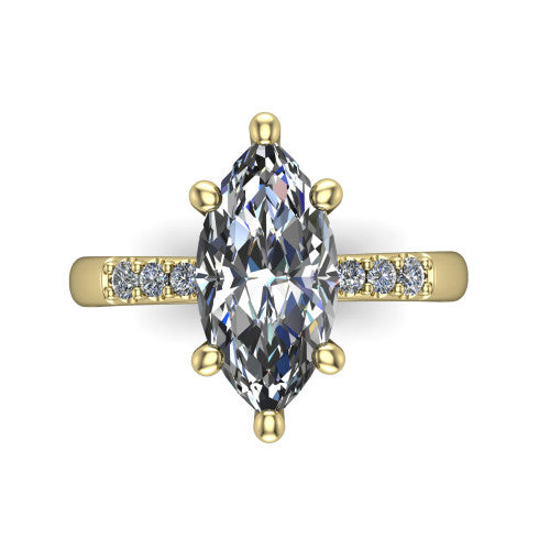 Rebecca marquise solitaire engagement ring in 14K Yellow Gold with pavé shoulder accents, top-down view of the four-prong center and pavé shoulders