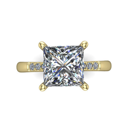 Rebecca princess solitaire engagement ring in 14K Yellow Gold with pavé shoulder accents, top-down view of the four-prong center and pavé shoulders