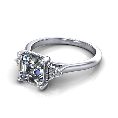 Brianna asscher three stone engagement ring in 14K White Gold with milgrain-framed center and round side clusters, three-quarter perspective view