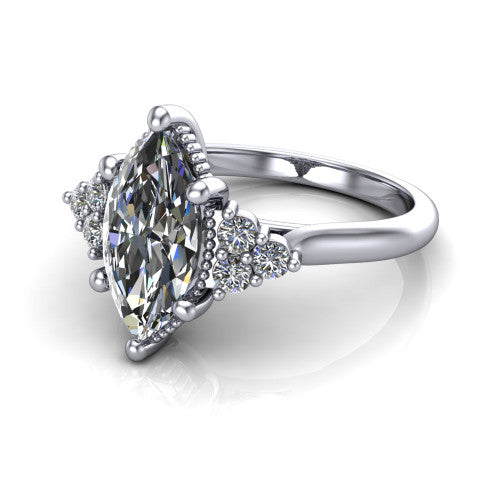 Brianna marquise three stone engagement ring in 14K White Gold with milgrain-framed center and round side clusters, three-quarter perspective view