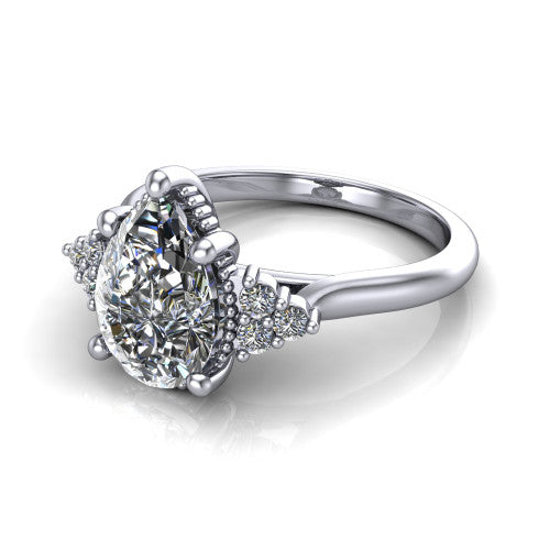 Brianna pear three stone engagement ring in 14K White Gold with milgrain-framed center and round side clusters, three-quarter perspective view