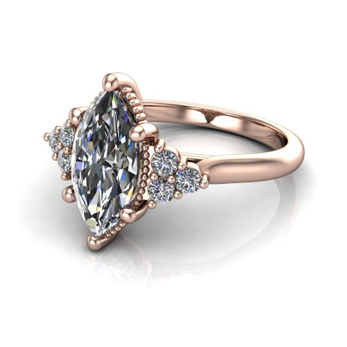 Brianna marquise three stone engagement ring in 18K Rose Gold with milgrain-framed center and round side clusters, three-quarter perspective view