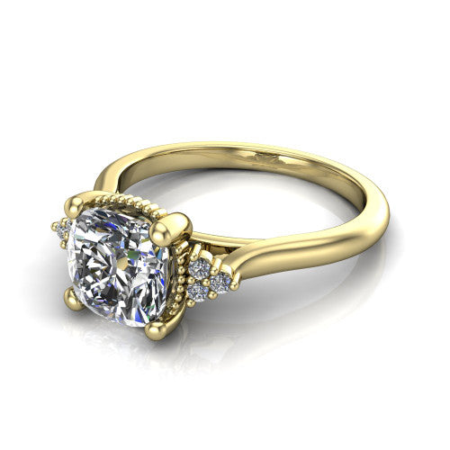 Brianna cushion three stone engagement ring in 14K Yellow Gold with milgrain-framed center and round side clusters, three-quarter perspective view