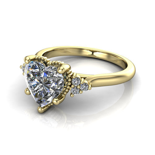 Brianna heart three stone engagement ring in 18K Yellow Gold with milgrain-framed center and round side clusters, three-quarter perspective view