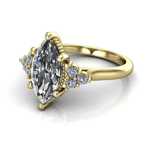 Brianna marquise three stone engagement ring in 14K Yellow Gold with milgrain-framed center and round side clusters, three-quarter perspective view