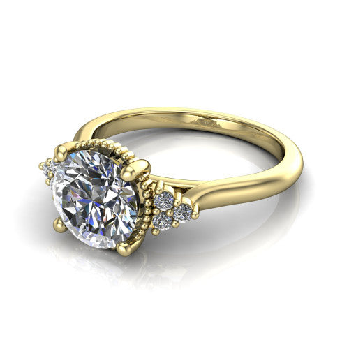 Brianna round three stone engagement ring in 14K Yellow Gold with milgrain-framed center and round side clusters, three-quarter perspective view