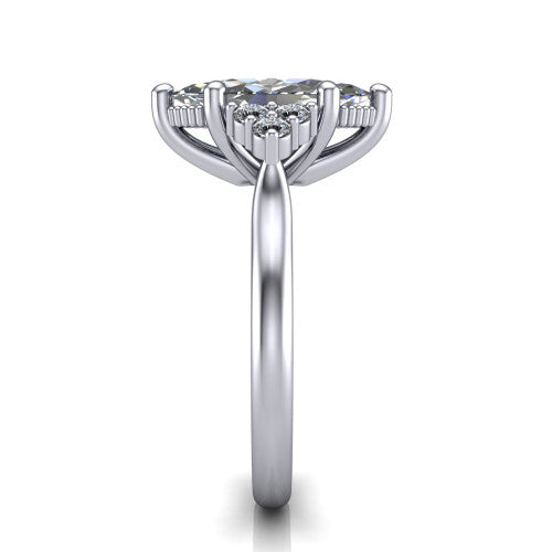 Brianna marquise three stone engagement ring in Platinum with milgrain-framed center and round side clusters, side profile showing the plain band and side accent clusters