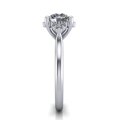 Brianna round three stone engagement ring in 14K White Gold with milgrain-framed center and round side clusters, side profile showing the plain band and side accent clusters