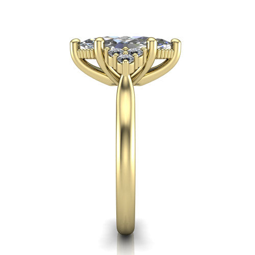 Brianna marquise three stone engagement ring in 14K Yellow Gold with milgrain-framed center and round side clusters, side profile showing the plain band and side accent clusters