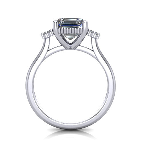 Brianna asscher three stone engagement ring in Platinum with milgrain-framed center and round side clusters, through-finger front profile