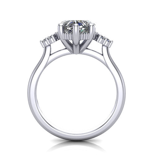 Brianna heart three stone engagement ring in 18K White Gold with milgrain-framed center and round side clusters, through-finger front profile