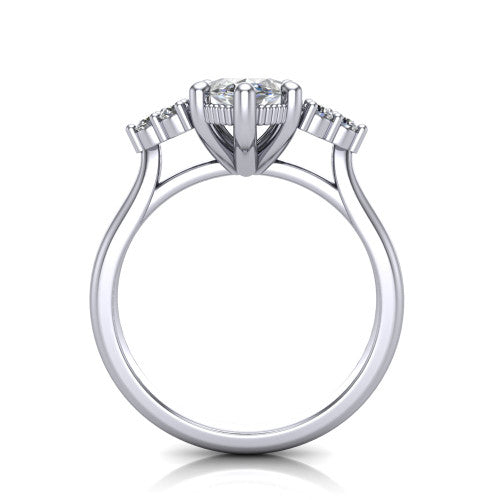Brianna marquise three stone engagement ring in 14K White Gold with milgrain-framed center and round side clusters, through-finger front profile