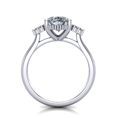 Brianna oval three stone engagement ring in 14K White Gold with milgrain-framed center and round side clusters, through-finger front profile