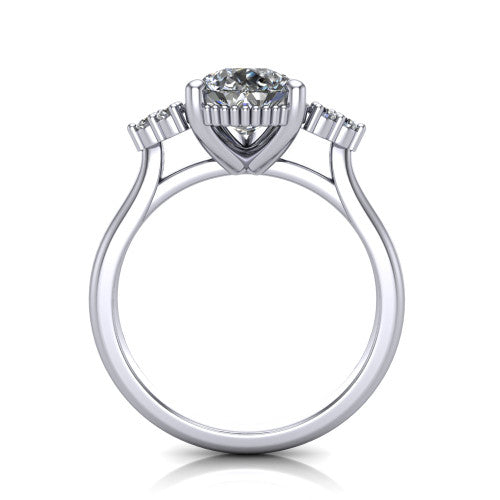 Brianna pear three stone engagement ring in 18K White Gold with milgrain-framed center and round side clusters, through-finger front profile