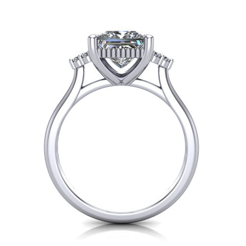 Brianna princess three stone engagement ring in 14K White Gold with milgrain-framed center and round side clusters, through-finger front profile