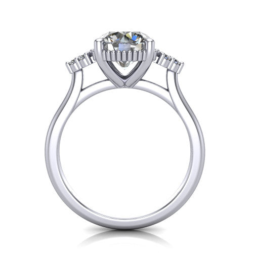 Brianna round three stone engagement ring in 14K White Gold with milgrain-framed center and round side clusters, through-finger front profile