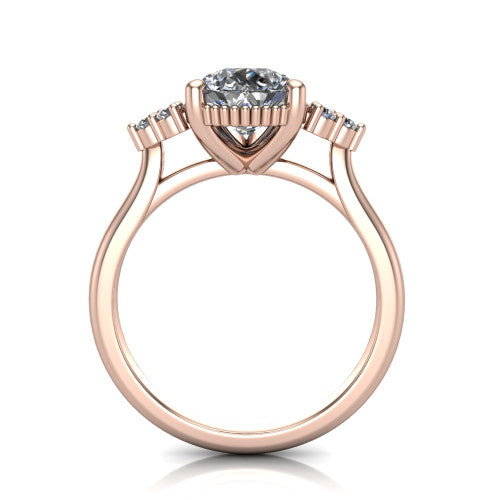 Brianna pear three stone engagement ring in 14K Rose Gold with milgrain-framed center and round side clusters, through-finger front profile