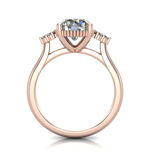 Brianna round three stone engagement ring in 14K Rose Gold with milgrain-framed center and round side clusters, through-finger front profile